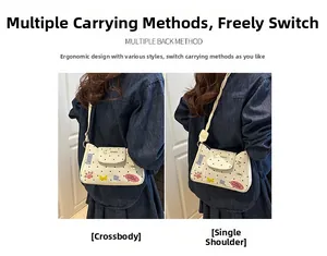 Detailed view showing crossbody and shoulder ways to wear white polka dot cat bag