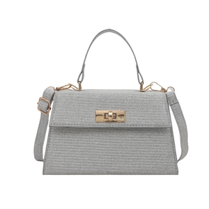 Silver glitter crossbody square bag with gold metallic lock and adjustable shoulder strap