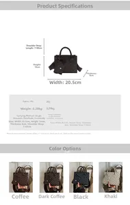 Detailed size specifications and color options for the printed PU leather mini tote bag