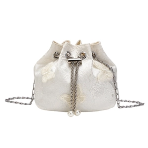 Ivory bucket bag with butterfly embroidery, pearl drawstring, and silver chain strap