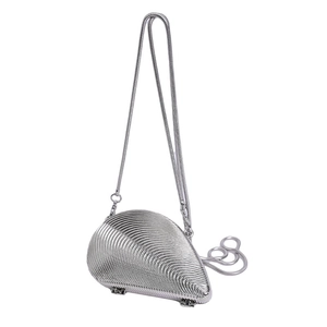 Silver metallic shell clutch bag with concentric ribbed texture and snake chain strap