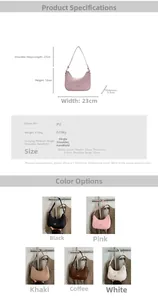 Detailed size chart and multi-color collection of crescent bags with bow accents