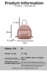 Pink mini PU backpack with bow detail showing dimensions 18x20cm and 0.17kg weight