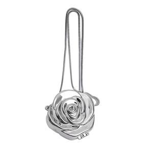 3D silver rose petal evening clutch bag with metallic mirror finish and chain strap