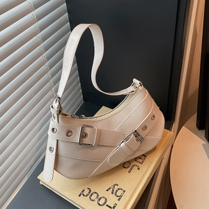 Retro cream white crescent underarm bag with metal buckle straps in Y2K aesthetic style