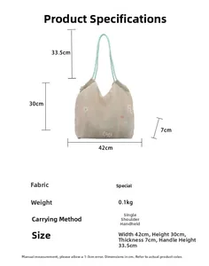 Size chart and specifications for the floral embroidered tote bag with green handles