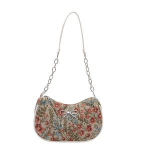 Ethnic style floral jacquard shoulder bag with metallic bow and white chain strap