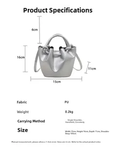 Size chart showing silver PU bucket bag dimensions: 15x16x11cm and 0.2kg weight