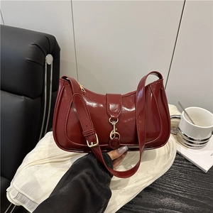 French style dark red glossy leather shoulder bag with vintage gold metal buckle