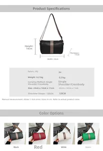 Detail of soft PU leather barrel bag with ethnic style woven straps and size dimensions