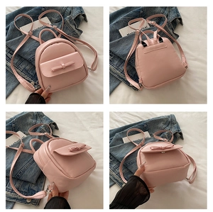 Pink mini backpack with bow detail shown from front, back, and side angles