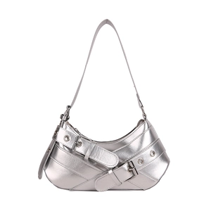 Retro silver crescent shoulder bag with metallic leather and buckle straps