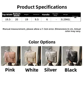 Detailed size guide and color options for the lace bow backpack with dimensions