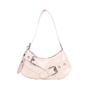 Minimalist cream white underarm bag with decorative crossover belts and silver metal eyelets