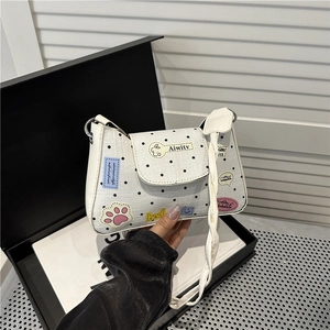 Women Polka Dot PU Leather Underarm Bag With Cartoon Patches And Braided Strap Casual Crossbody Shoulder Bag For Daily