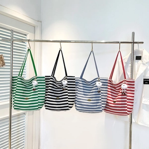 Striped Canvas Tote Bag Large Capacity Casual Shoulder Shopping Bag Korean Style Women Handbag With Plush Toy
