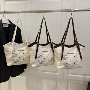 Large woven beach tote bag with cartoon cat print in three colors for summer travel