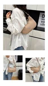 Detail shots of beige hobo bag with silver bow accent on adjustable shoulder straps