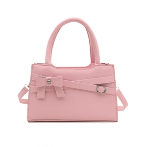Minimalist light pink square handbag with bow detail and adjustable shoulder strap