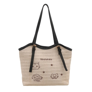 Large woven beach tote bag with cute cat embroidery and black adjustable straps