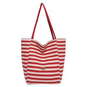 Striped canvas tote bag with red and white horizontal patterns and metal handmade tag