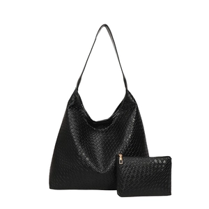 Black woven hobo shoulder bag and matching zipper clutch two-piece minimalist set
