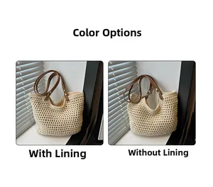 Vista dettagliata della borsa tote intrecciata beige con opzioni con e senza fodera