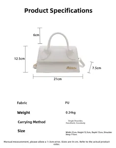 Detailed size specifications for the white crocodile pattern crossbody bag with golden logo