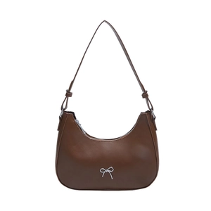 Brown half-moon faux leather hobo bag with silver butterfly knot and adjustable strap