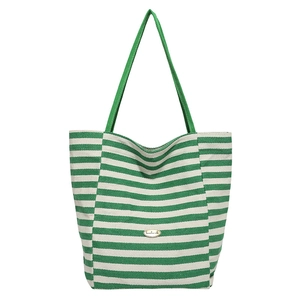 Sac fourre-tout en toile à rayures vertes et blanches avec plaque dorée faite à la main