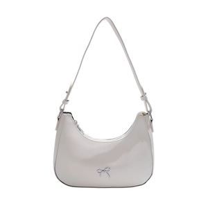 Chic off-white hobo bag for women with silver bow accent and minimalist moon shape