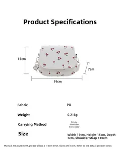 Size chart for cherry print PU bag showing 19x15x7cm dimensions and shoulder strap