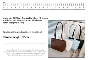 Detailed size chart for the PU leather tote bag with measurements and shoulder strap height
