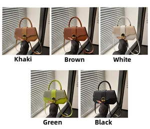 Collage of chic woven texture handbags in khaki, brown, white, green, and black colors