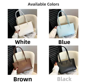 Collage showing large tote bags in white, blue, brown, and black PU leather options