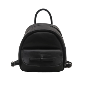 Minimalist black PU leather mini backpack with bow detail and adjustable straps