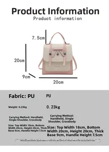 Pink and white PU leather backpack with bow detail and product dimensions display