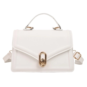 Elegant white PU leather crossbody bag with gold oval twist lock and adjustable strap