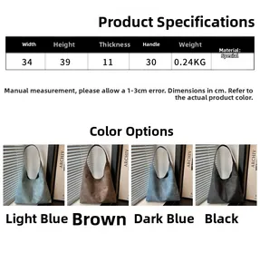 Size specifications of large denim tote bag showing width height and handle dimensions