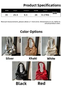Size chart showing large bow tote bag dimensions and five elegant color options