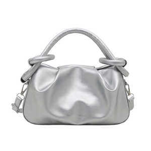 Silver metallic pleated cloud handbag with ring handle and detachable shoulder strap