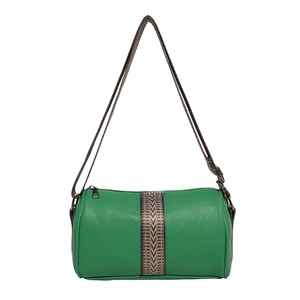 Green minimalist leather barrel bag with chevron strap and zip closure on white background
