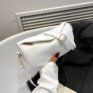 Minimalist white lychee texture half-moon crossbody bag with gold hardware buckle