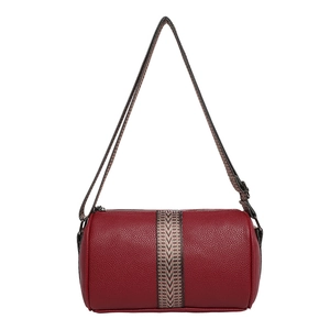 Burgundy cylindrical pillow bag in pebble leather with geometric woven strap detail