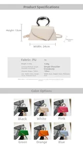 Detailed specs of PU trapezoid handbag showing dimensions 24x13x6cm and six color options
