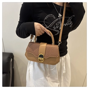 Detail of khaki leather handbag featuring a brown herringbone woven flap and gold buckle