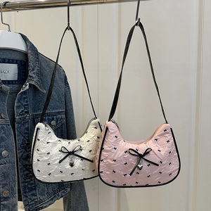 Women Crescent Hobo Bag Bowknot Print Pleated Fabric Heart Pendant Sweet Y2K Style Shoulder Bag Summer Casual Daily Use
