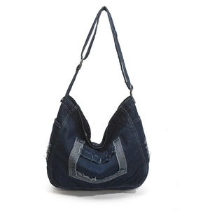 Japanese retro denim crossbody bag in dark blue with distressed edge and large pocket