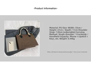 Detail view of coffee checkered tote bag with silk scarf handle and size comparison