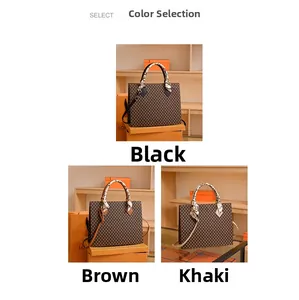 Detail of checkered tote bag with silk scarf handle in black, brown and khaki colors